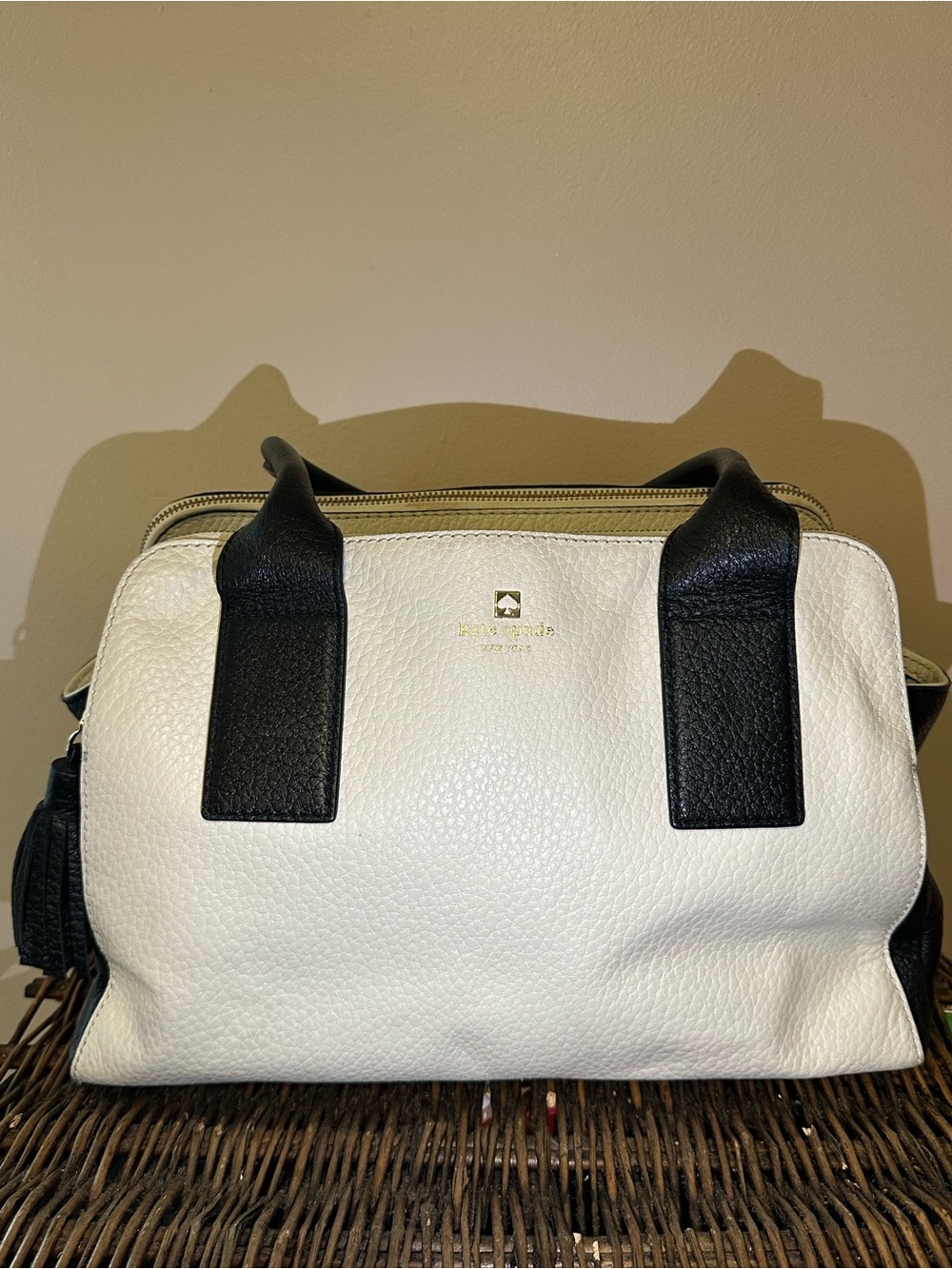 kate spade Two-Tone White and Black Pebbled Leather Satchel